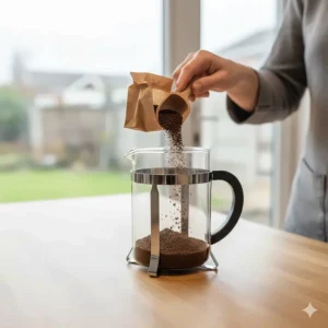 Adding a scoop of coarse ground coffee into the bottom of an empty glass cafetiere beaker.
