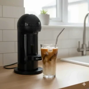 A refreshing iced latte prepared using a Nespresso machine, served in a tall glass with a metal straw.