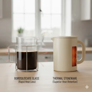An informative diagram illustrating the heat retention differences between a standard glass cafetiere and a thermal stoneware cafetiere.
