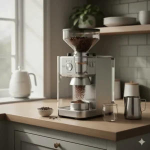 Close-up illustration of a built-in steel burr grinder inside a small coffee machine, showing fresh coffee beans being ground.