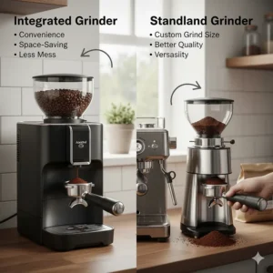 High-detail close-up of coffee beans being ground into a portafilter, comparing integrated grinders with separate standalone burr grinders.