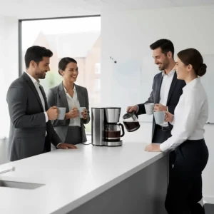 A 12 cup coffee machine in a UK office staff room providing enough caffeine for a morning meeting.