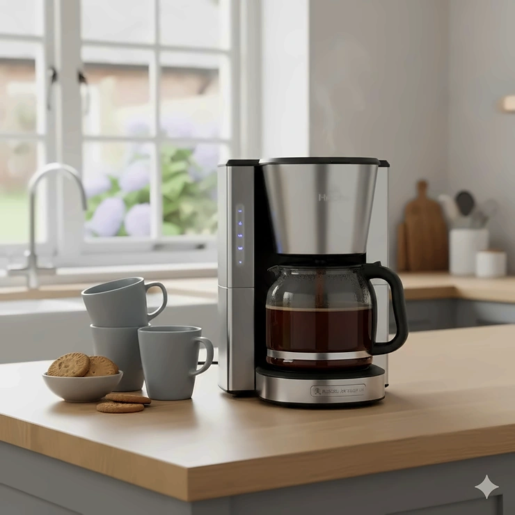 Premium 12 cup large capacity coffee machine on a modern UK kitchen worktop with freshly brewed filter coffee and a bowl of biscuits. large capacity coffee machine uk 12 cup