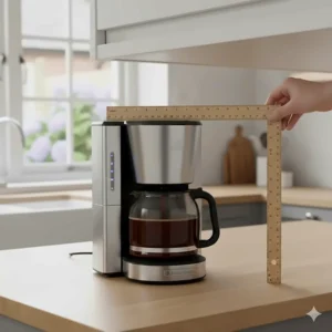 Measuring a 12 cup coffee machine to show it fits perfectly under standard UK kitchen cabinets.
