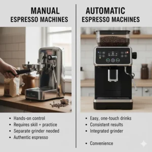 Comparison chart for UK home baristas showing the differences between manual lever machines and automatic bean-to-cup espresso machines.