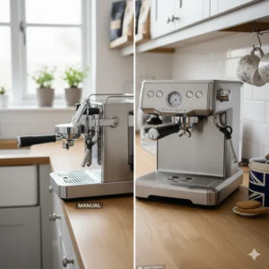 Side-by-side comparison of a manual lever machine and a semi-automatic espresso machine for home brewing.