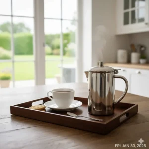 A lifestyle setting of a polished cafetiere on a wooden tray with a white cup of coffee and digestives in a bright British kitchen.