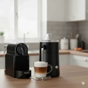 A professional shot of a Nespresso machine used with an Aeroccino milk frother to create a classic flat white or latte.