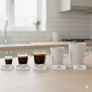 A professional layout showing different coffee volumes, from a 40ml espresso shot to a large 414ml Alto mug common in the UK.