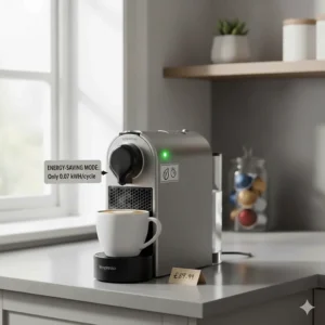 An illustration of the energy-saving mode and efficiency rating label on a budget-friendly Nespresso machine.