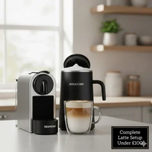 A Nespresso machine paired with an Aeroccino milk frother bundle, showing a complete home latte setup for under £100.
