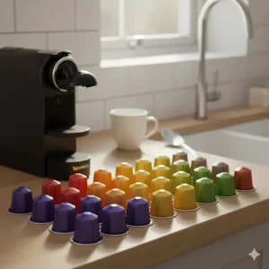A colourful variety of Nespresso coffee pods arranged neatly next to a coffee machine.