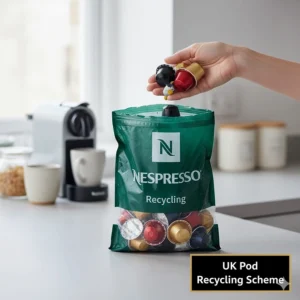 An official Nespresso recycling bag used in the UK for disposing of aluminium coffee capsules responsibly.