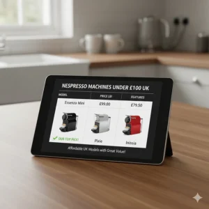 A graphic comparing various Nespresso models available for less than £100 in the UK, showing price points and key features.