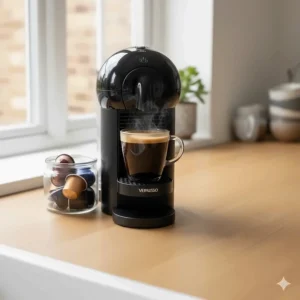 The Nespresso Vertuo Next machine brewing a large mug of coffee, showcasing the crema-rich espresso popular with UK coffee drinkers.