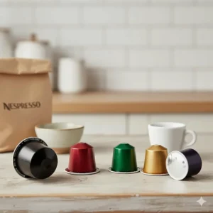 Comparison of large domed Nespresso Vertuo pods next to smaller classic Nespresso Original aluminium capsules.