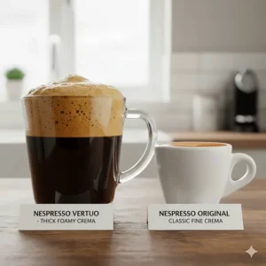 Side-by-side comparison of the thick, aerated foam on a Vertuo coffee and the silky, traditional crema on an Original espresso.