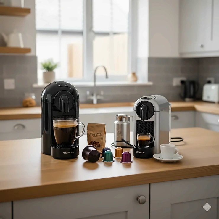 A photorealistic side-by-side comparison of a Nespresso Vertuo and Original machine on a modern oak kitchen worktop in a bright British home. nespresso vertuo vs original line