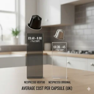 A clear infographic illustrating the difference in price per capsule in GBP between the Vertuo and Original Line Nespresso systems.