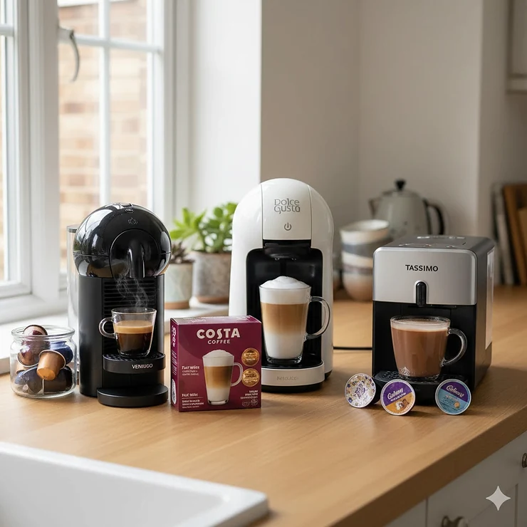 A side-by-side comparison of Nespresso, Dolce Gusto, and Tassimo coffee machines on a kitchen worktop, highlighting the different pod shapes and machine designs available in the UK. nespresso vs dolce gusto vs tassimo
