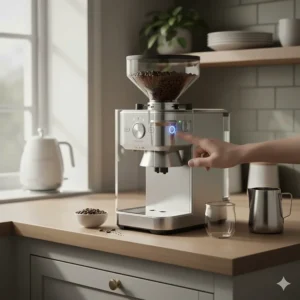 The digital touch-screen interface of a bean-to-cup machine showing options for one-touch espresso and flat white.