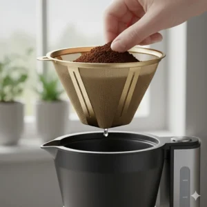 A gold-tone permanent mesh filter being lifted out of a programmable coffee maker, showing an eco-friendly alternative to paper filters.