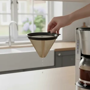 Removable permanent gold-tone filter for a large capacity coffee machine, reducing waste in UK homes.