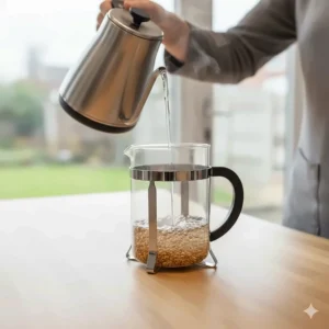 Pouring hot water from a kettle into a cafetiere to begin the brewing process.