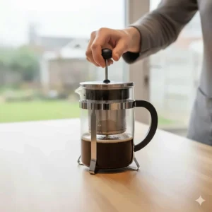A hand slowly pressing down the mesh filter plunger of a cafetiere to separate the coffee grounds.