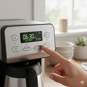 The digital display of a coffee maker with a thermal carafe being programmed for a morning brew.