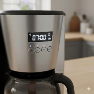 Digital control panel of a large capacity coffee machine showing 24-hour programmable timer settings.