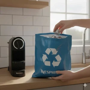 A person placing used aluminium Nespresso capsules into a dedicated recycling bag.