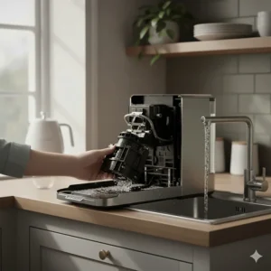 A person removing the internal brew unit from a small coffee machine for easy cleaning and maintenance.