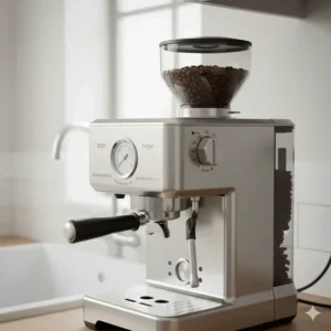 Close-up of the built-in conical burr grinder on the Sage Barista Express showing coffee beans in the hopper.
