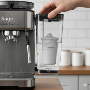 Removing the rear water tank of a Sage Barista Express showing the replaceable ClaroSwiss water filter.