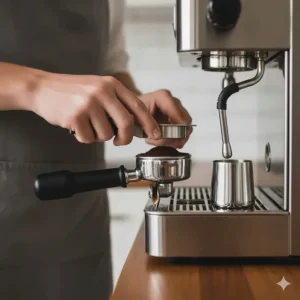 Close-up of a barista levelling fresh coffee grounds in a portafilter for a semi-automatic espresso machine.
