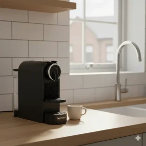 A compact Nespresso machine model designed for small UK flat kitchens and limited worktop space.
