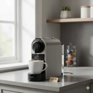 A slim Nespresso Pixie machine tucked into a small kitchen corner, showing a space-saving coffee solution for UK flats.