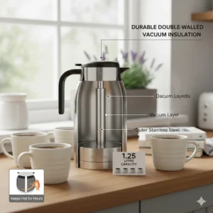 The durable double-walled stainless steel vacuum interior of a thermal coffee carafe.