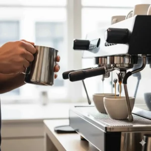 Close-up of a barista steaming milk in a stainless steel jug while pulling a shot on a dual boiler espresso machine.