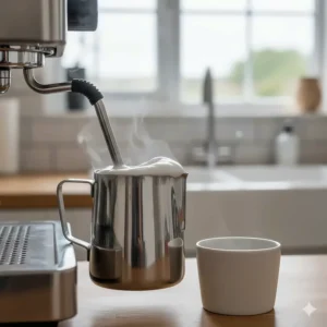 A stainless steel milk jug being used to texture microfoam for a classic British flat white using a steam wand.