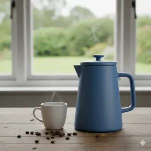 A modern blue stoneware ceramic cafetiere, a stylish alternative to traditional glass models.