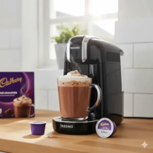 A mug of Cadbury hot chocolate made with a Tassimo machine, illustrating the range of non-coffee drinks available in the UK.