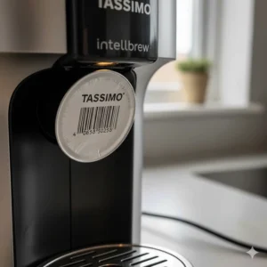 Close-up of a Tassimo T-Disc showing the Intellibrew barcode technology that automatically adjusts water and temperature for the perfect brew.