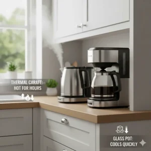 A comparison showing a thermal carafe vs a glass pot to demonstrate better heat insulation.