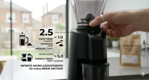 A hand adjusting the grind settings on the quietest coffee grinder, demonstrating the range from coarse for a cafetiere to fine for espresso.