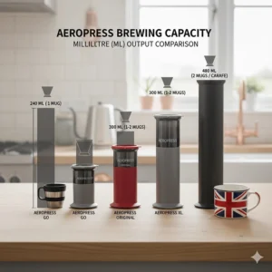 A brewing capacity chart showing the output in millilitres for the AeroPress Go, Original, and XL models.