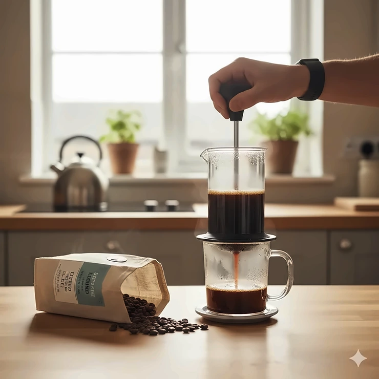 A person brewing fresh coffee with an AeroPress on a wooden kitchen worktop in the UK, alongside a bag of British roasted coffee beans. aeropress review uk is it worth it