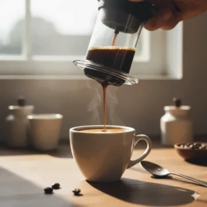 A rich, dark concentrated coffee shot in a small ceramic cup, showing the versatile brew strength of the AeroPress.