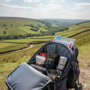 An AeroPress Go packed in a rucksack next to a thermos for a hiking trip in the Peak District.